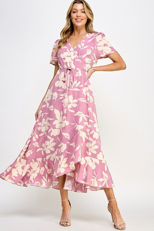 Pink Floral Print Wrap Drawstring Tie Waist Dress