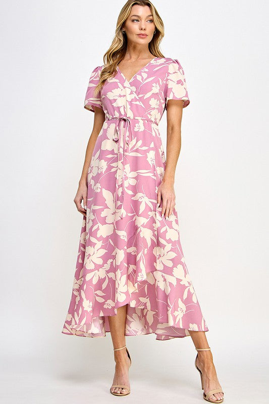 Pink Floral Print Wrap Drawstring Tie Waist Dress