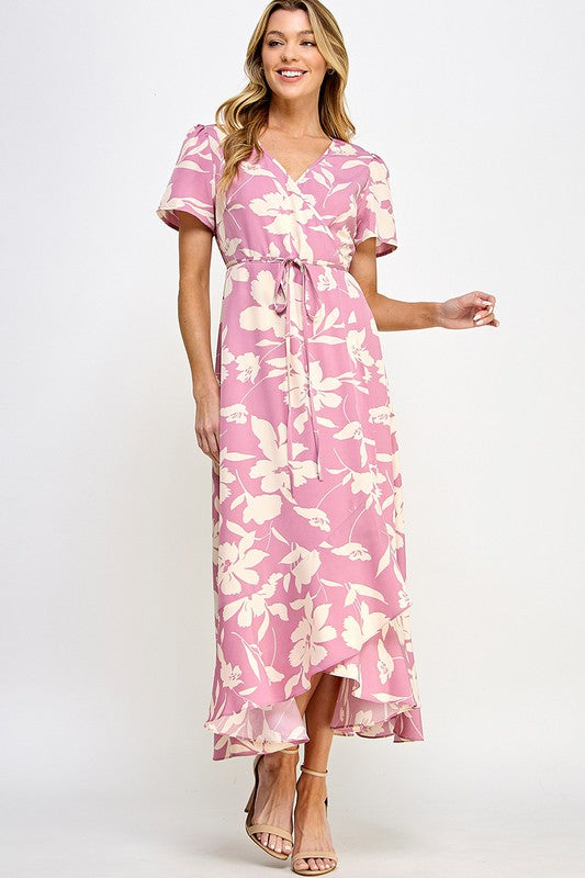 Pink Floral Print Wrap Drawstring Tie Waist Dress