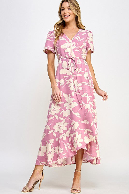 Pink Floral Print Wrap Drawstring Tie Waist Dress