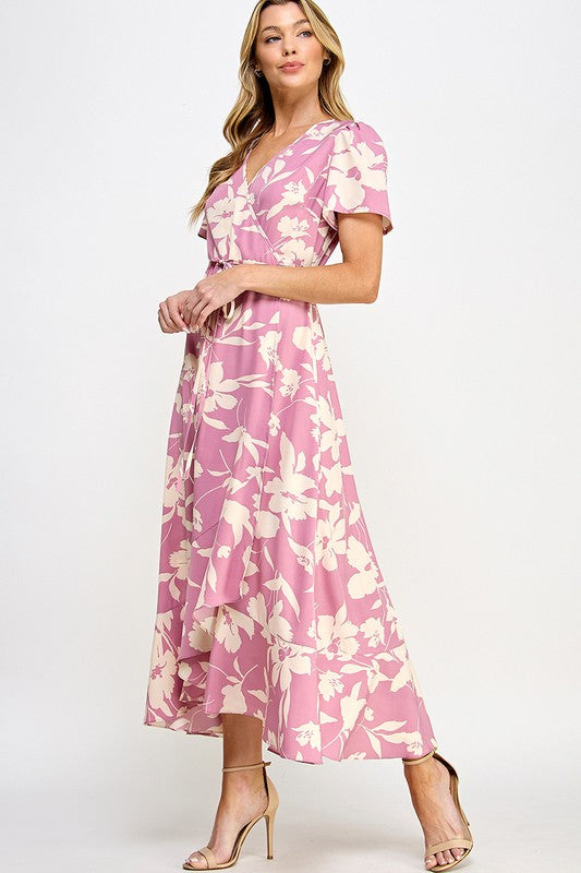 Pink Floral Print Wrap Drawstring Tie Waist Dress