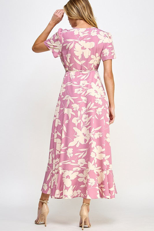 Pink Floral Print Wrap Drawstring Tie Waist Dress