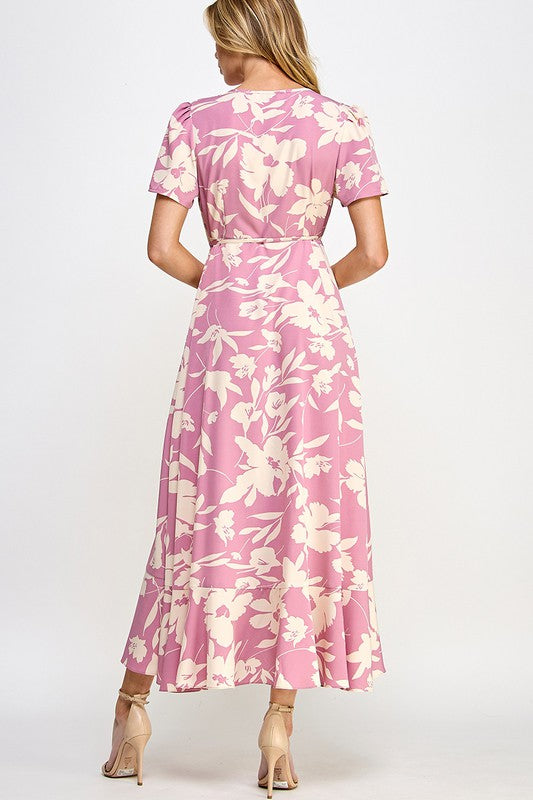 Pink Floral Print Wrap Drawstring Tie Waist Dress