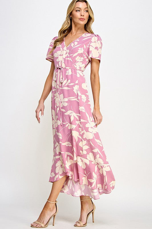 Pink Floral Print Wrap Drawstring Tie Waist Dress