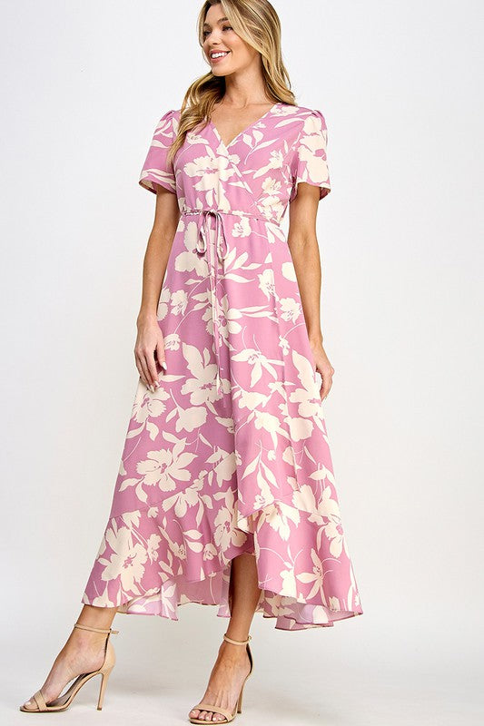 Pink Floral Print Wrap Drawstring Tie Waist Dress