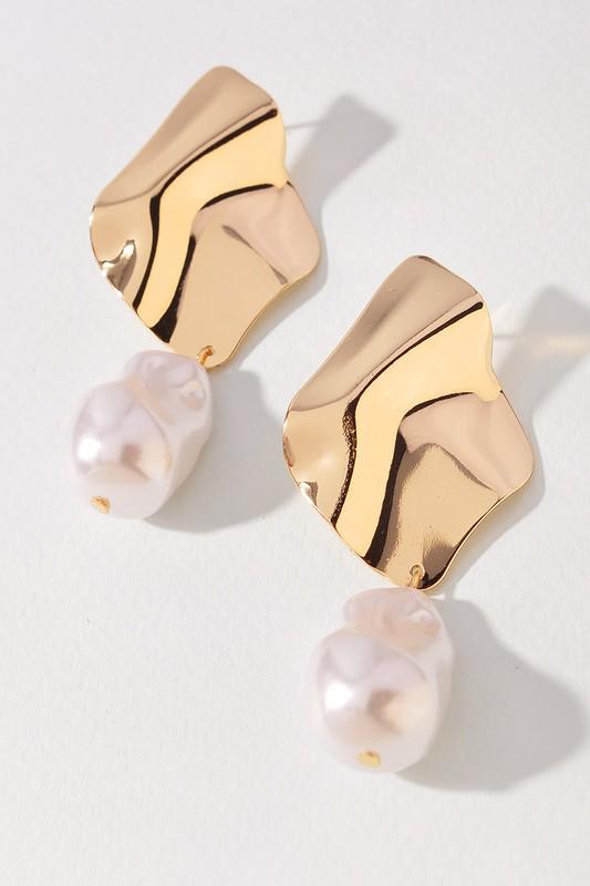 Gold Abstract Pearl Drop Earrings