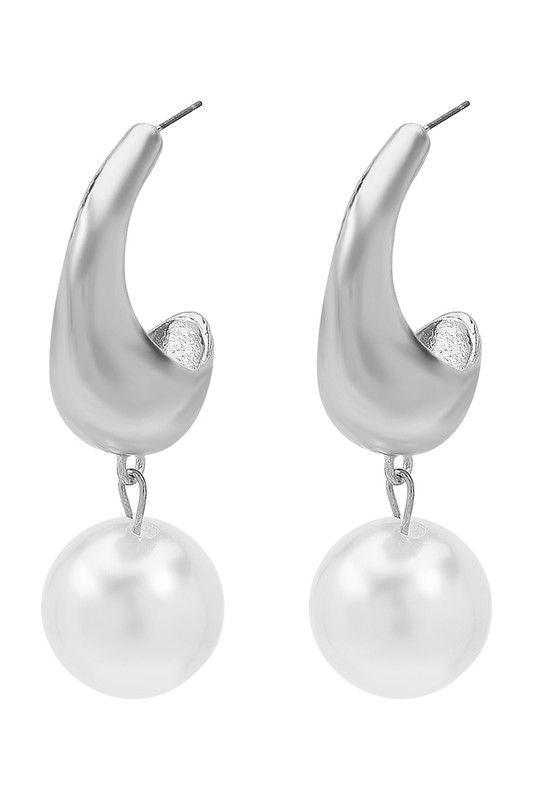 Silver Chunky Metal Pearl Dangle Earrings