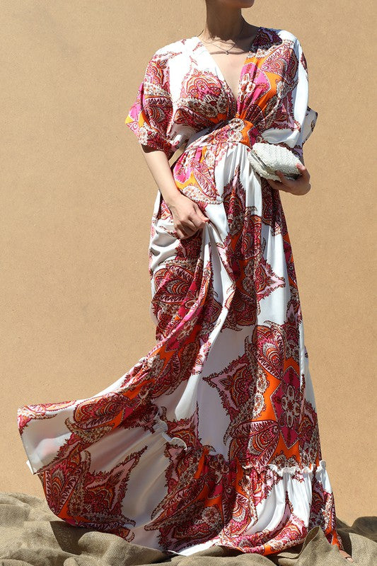 PRINTED V NECK SATIN MAXI DRESS