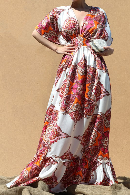 PRINTED V NECK SATIN MAXI DRESS