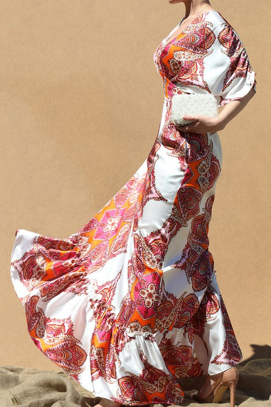 PRINTED V NECK SATIN MAXI DRESS