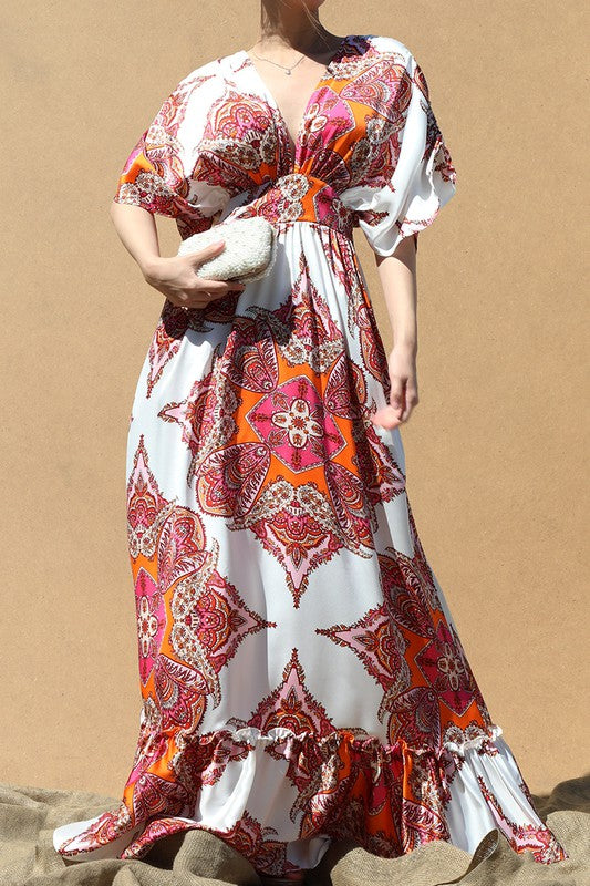 PRINTED V NECK SATIN MAXI DRESS