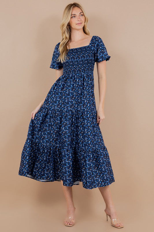 PAISLEY PRINT SHORT BUBBLE SLEEVE SMOCKED MAXI DRESS