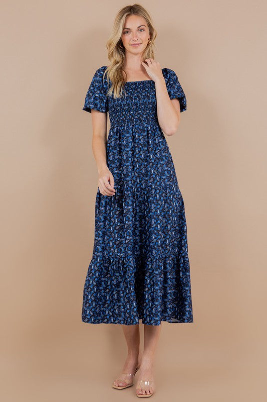 PAISLEY PRINT SHORT BUBBLE SLEEVE SMOCKED MAXI DRESS