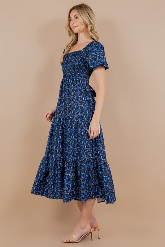 PAISLEY PRINT SHORT BUBBLE SLEEVE SMOCKED MAXI DRESS