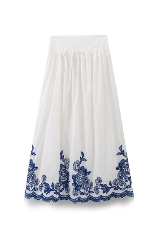 Boho White Embroidered Blue Skirt