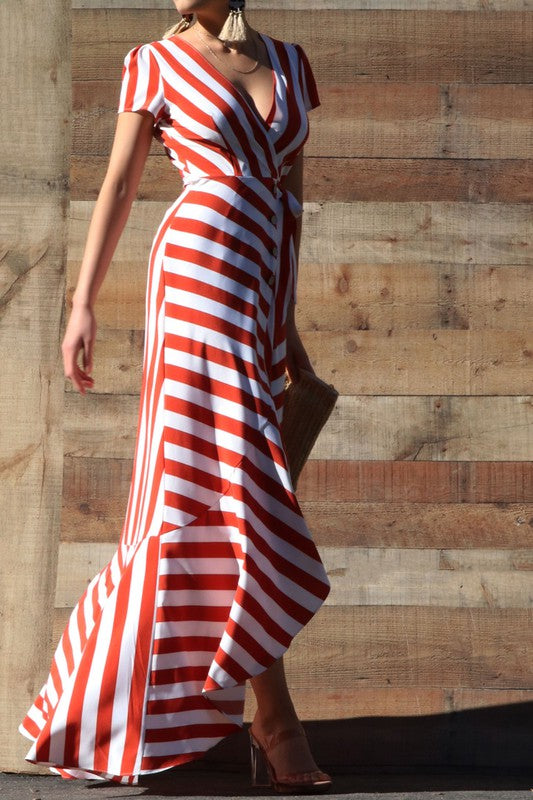 Rust Striped Woven Wrap Dress