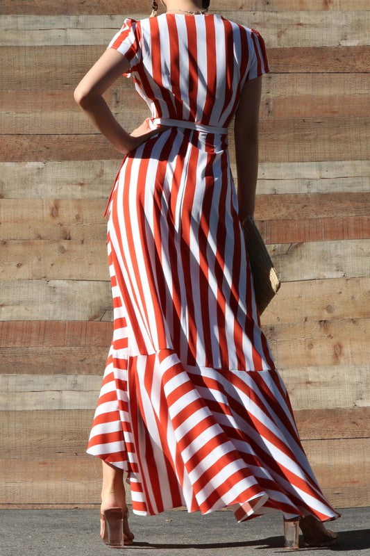 Rust Striped Woven Wrap Dress