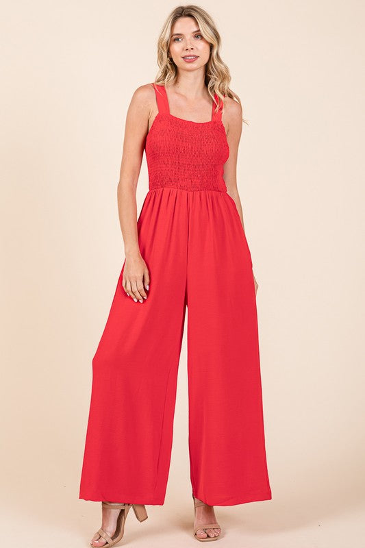 Smocked Strap Wide Leg Pleated Jumpsuit