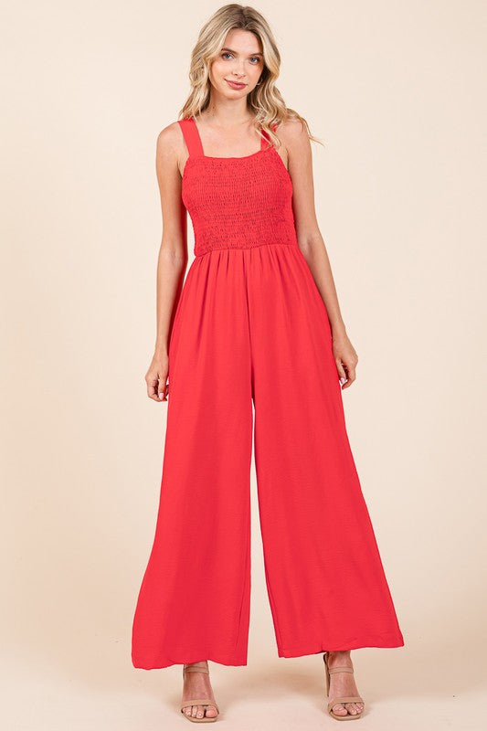 Smocked Strap Wide Leg Pleated Jumpsuit