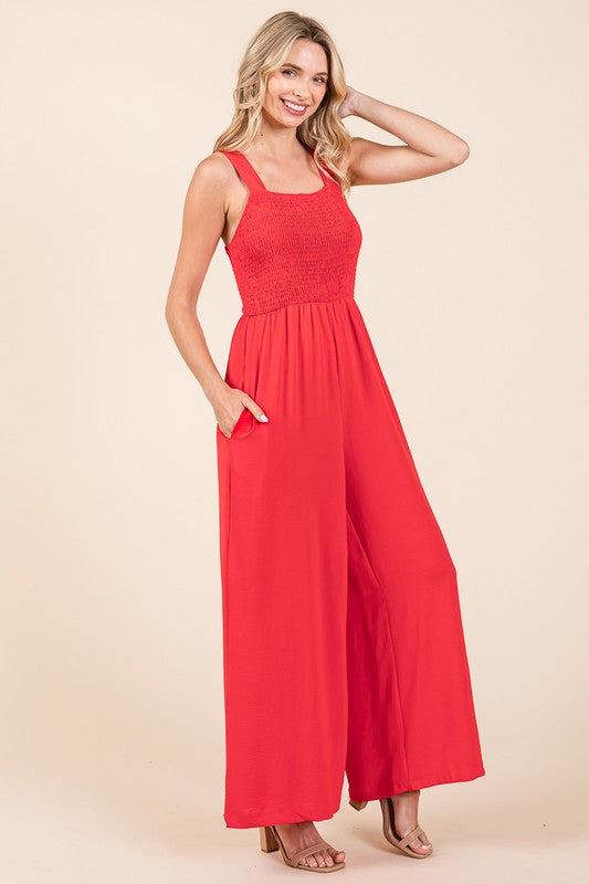 Smocked Strap Wide Leg Pleated Jumpsuit