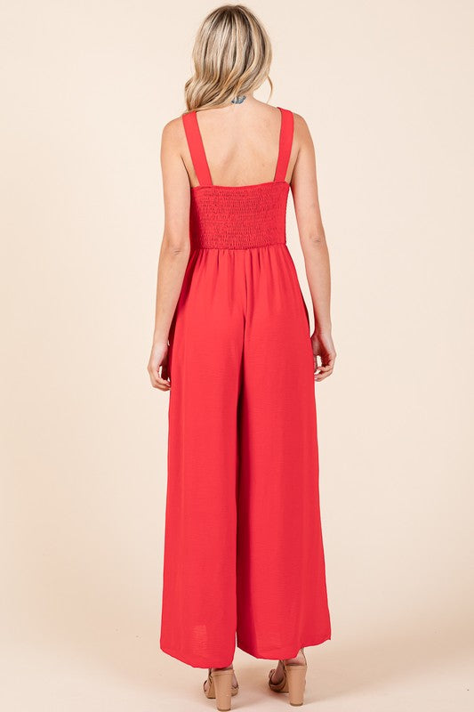 Smocked Strap Wide Leg Pleated Jumpsuit