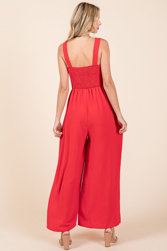 Smocked Strap Wide Leg Pleated Jumpsuit