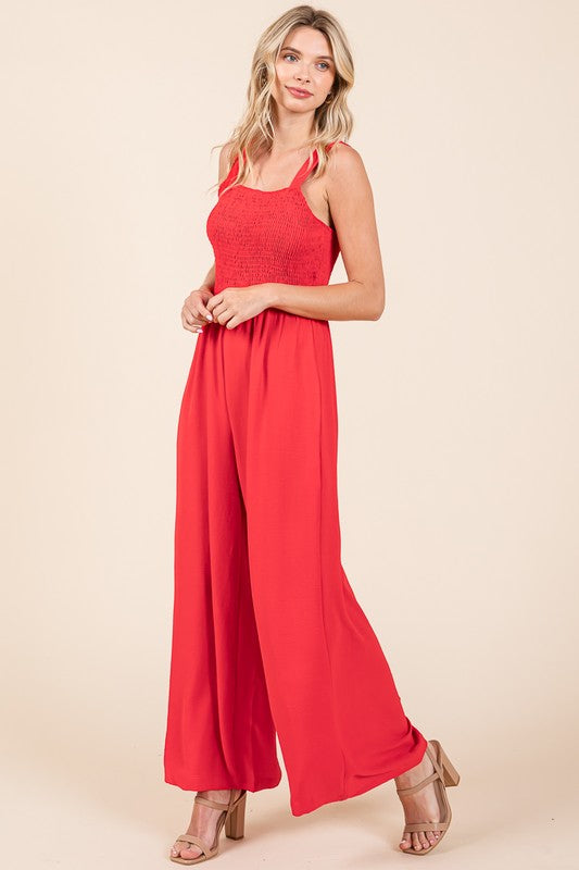 Smocked Strap Wide Leg Pleated Jumpsuit