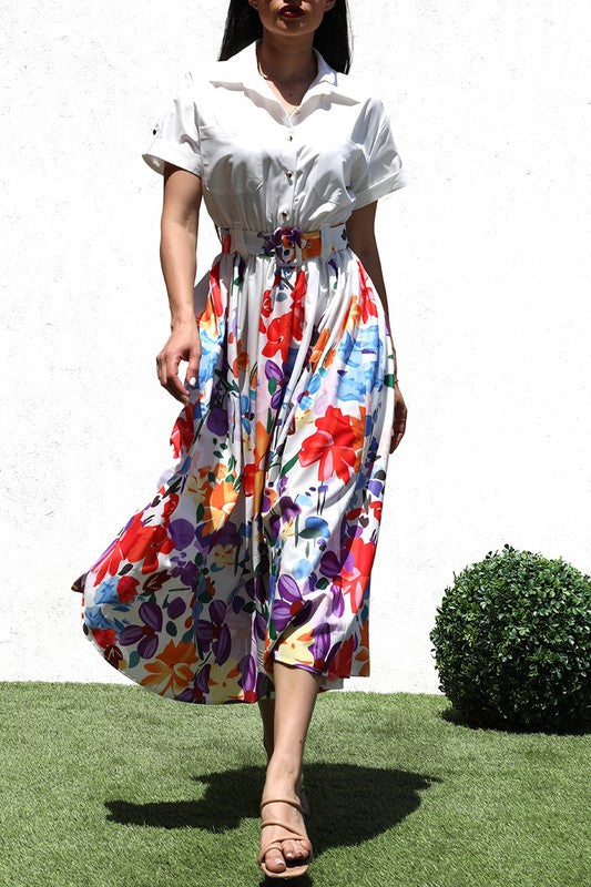 PRINTED BUTTON DOWN WOVEN LONG DRESS