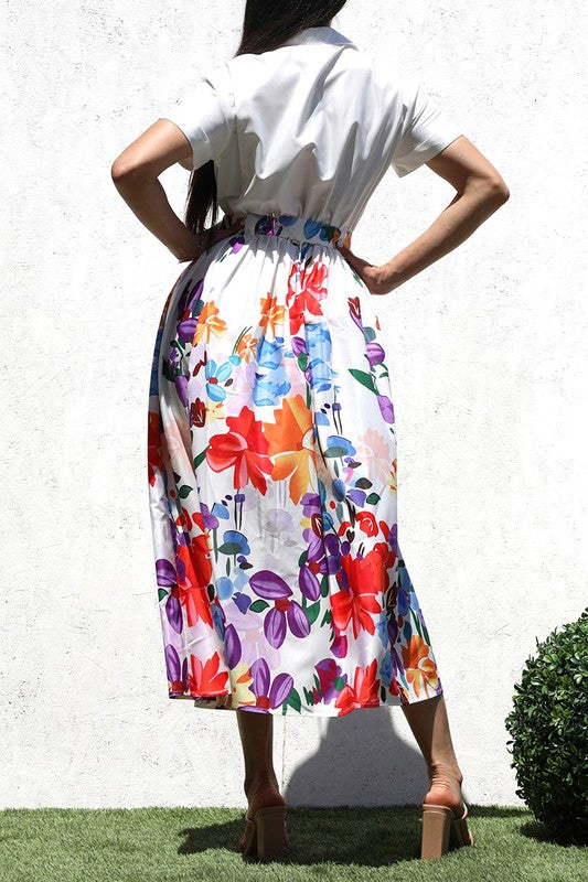 PRINTED BUTTON DOWN WOVEN LONG DRESS