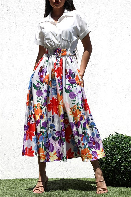 PRINTED BUTTON DOWN WOVEN LONG DRESS