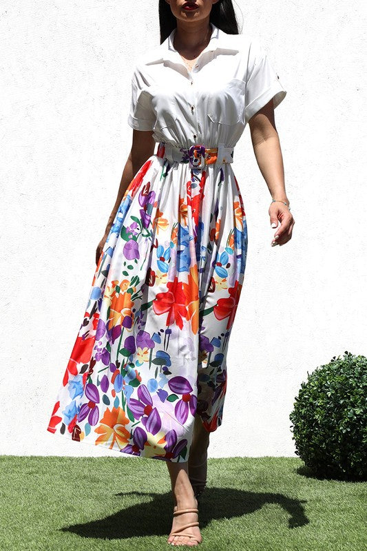 PRINTED BUTTON DOWN WOVEN LONG DRESS