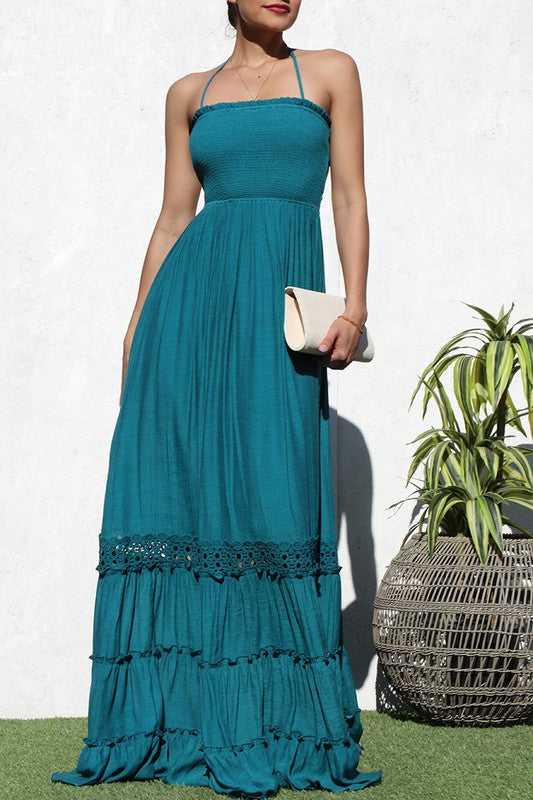 TEAL BLUE SMOCKED TOP WOVEN MAXI DRESS