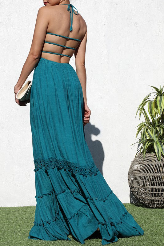 TEAL BLUE SMOCKED TOP WOVEN MAXI DRESS