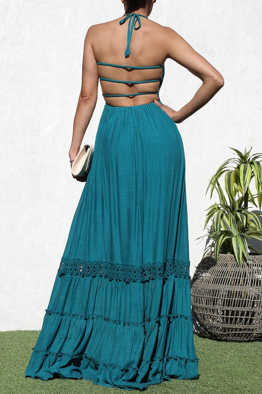 TEAL BLUE SMOCKED TOP WOVEN MAXI DRESS