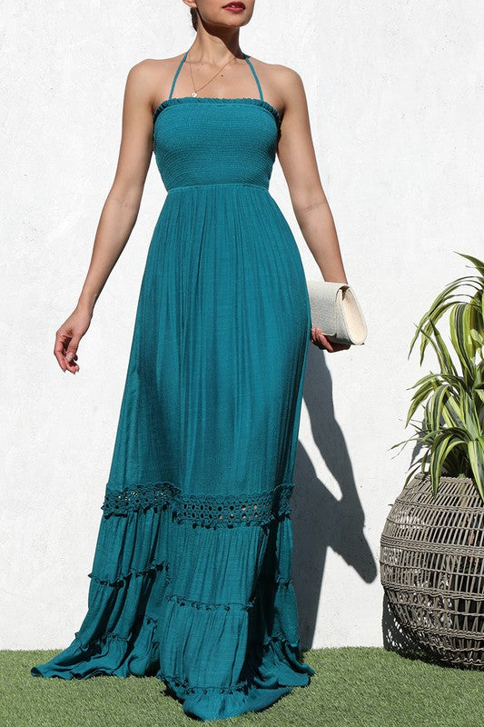 TEAL BLUE SMOCKED TOP WOVEN MAXI DRESS