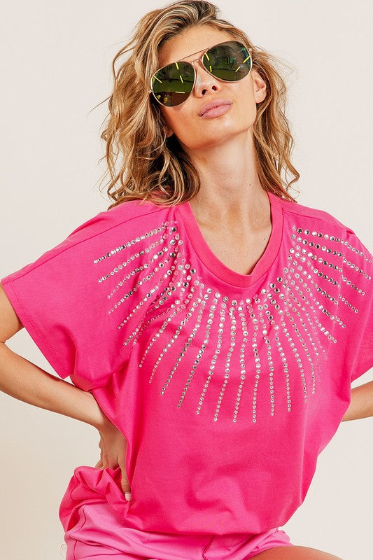 HOT PINK RHINESTONE BEADED SHORT SLEEVE TOP