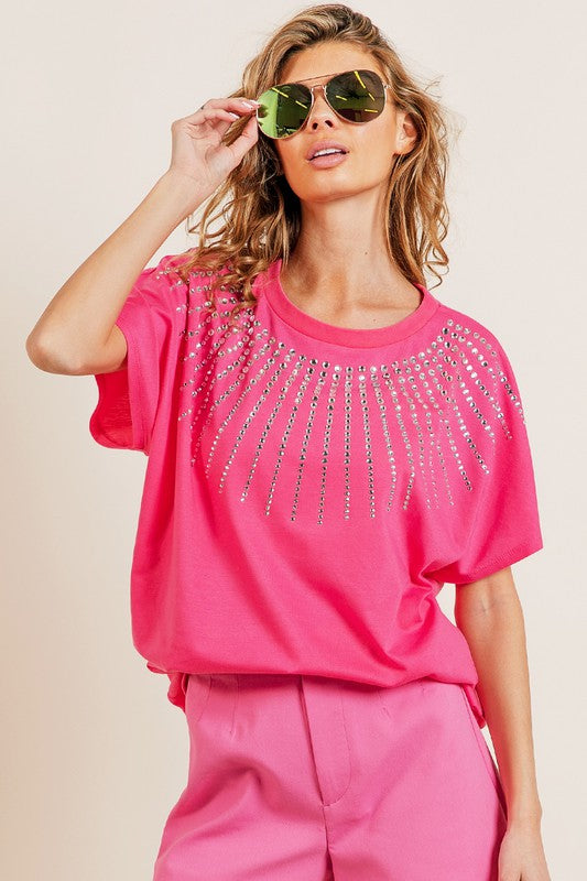 HOT PINK RHINESTONE BEADED SHORT SLEEVE TOP