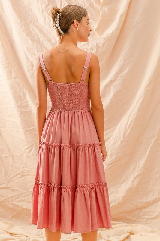 DUSTY PINK CUT OUT BOW TIE FRONT TIERED DRESS