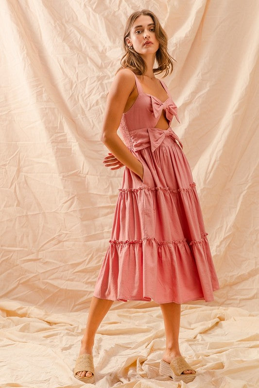 DUSTY PINK CUT OUT BOW TIE FRONT TIERED DRESS