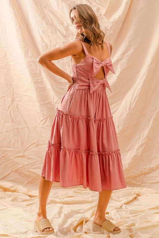 DUSTY PINK CUT OUT BOW TIE FRONT TIERED DRESS