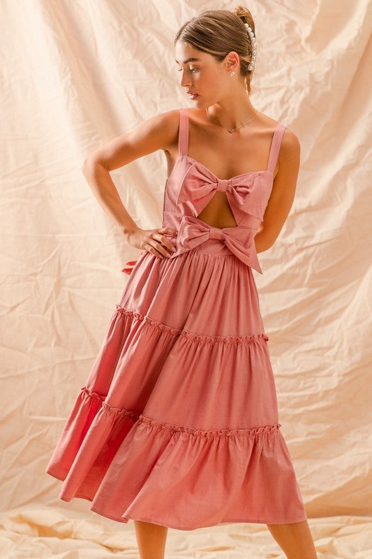 DUSTY PINK CUT OUT BOW TIE FRONT TIERED DRESS