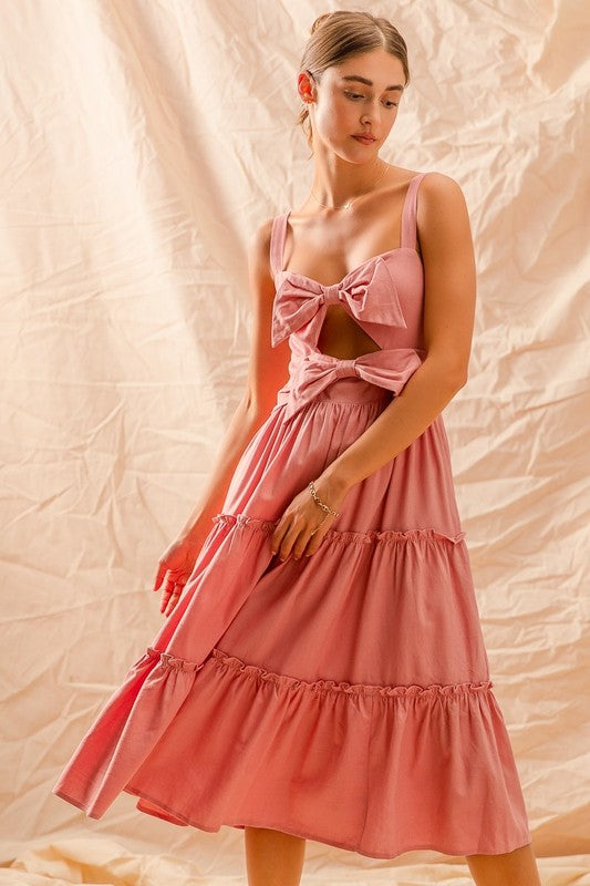 DUSTY PINK CUT OUT BOW TIE FRONT TIERED DRESS