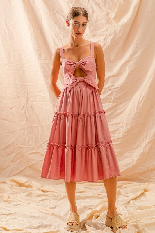 DUSTY PINK CUT OUT BOW TIE FRONT TIERED DRESS