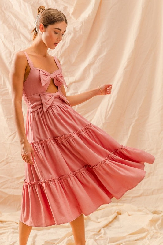 DUSTY PINK CUT OUT BOW TIE FRONT TIERED DRESS