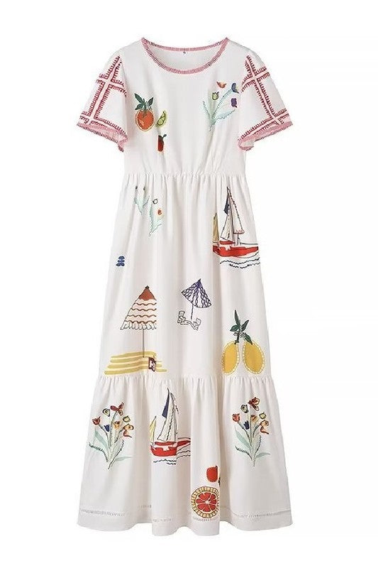 SUMMER PRINT SHORT SLEEVE ROUND NECK DRESS