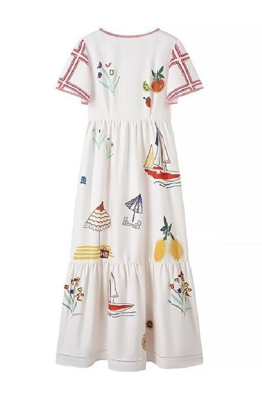 SUMMER PRINT SHORT SLEEVE ROUND NECK DRESS