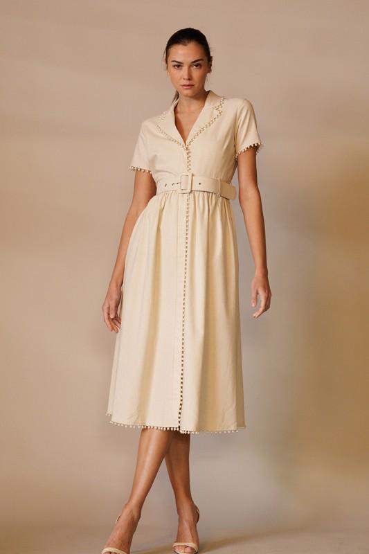 LINEN OATMEAL TRIM PEARL DRESS