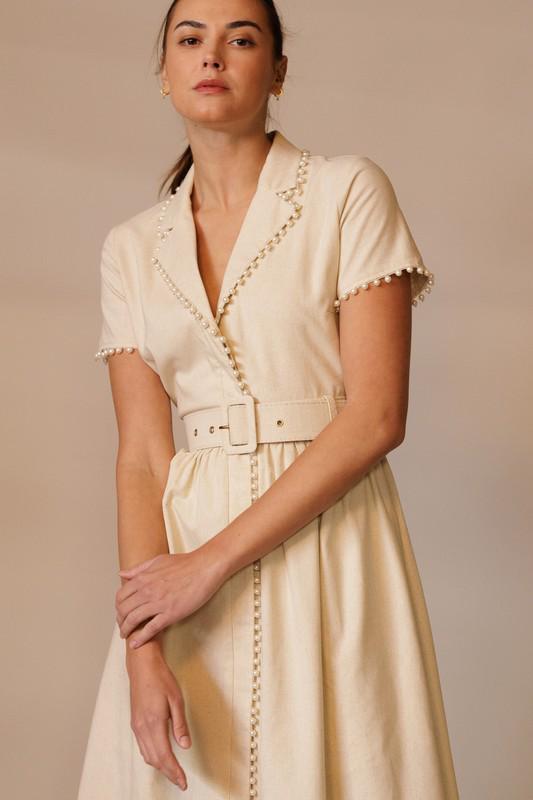 LINEN OATMEAL TRIM PEARL DRESS