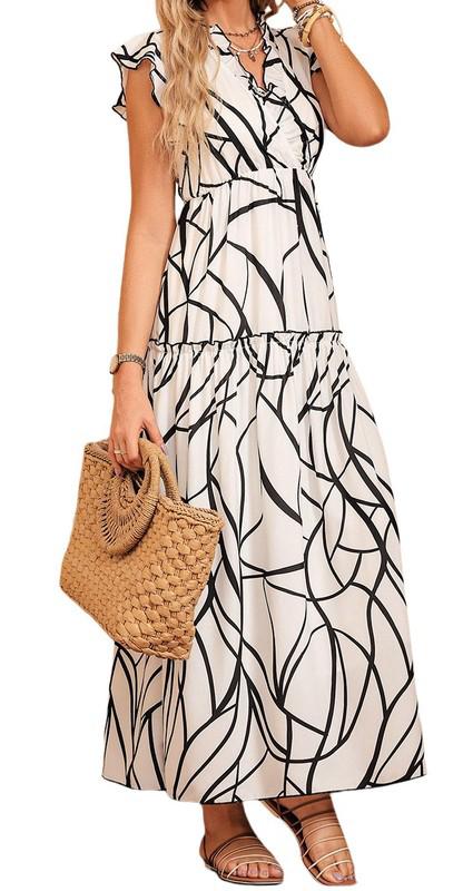 White and Black V Neck Maxi Dress