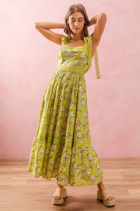 FLORAL MAXI DRESS WITH RIBBON TIE LACE STRAP